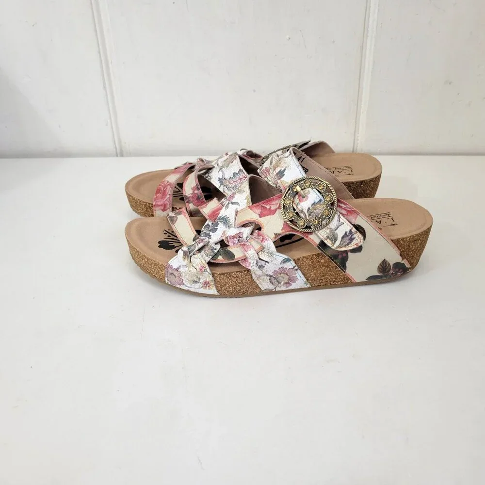 Spring Step L'Artiste Women's Floral Cork Sole Sandals With Adjustable Buckle Si - Picture 1 of 7